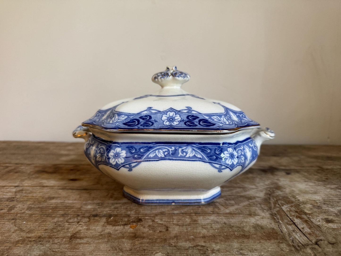 Antique Burgess & Leigh Haddon Burleighware Covered Flow Blue Ironstone Covered Vegetable Dish Tureen