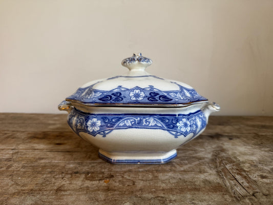 Antique Burgess & Leigh Haddon Burleighware Covered Flow Blue Ironstone Covered Vegetable Dish Tureen