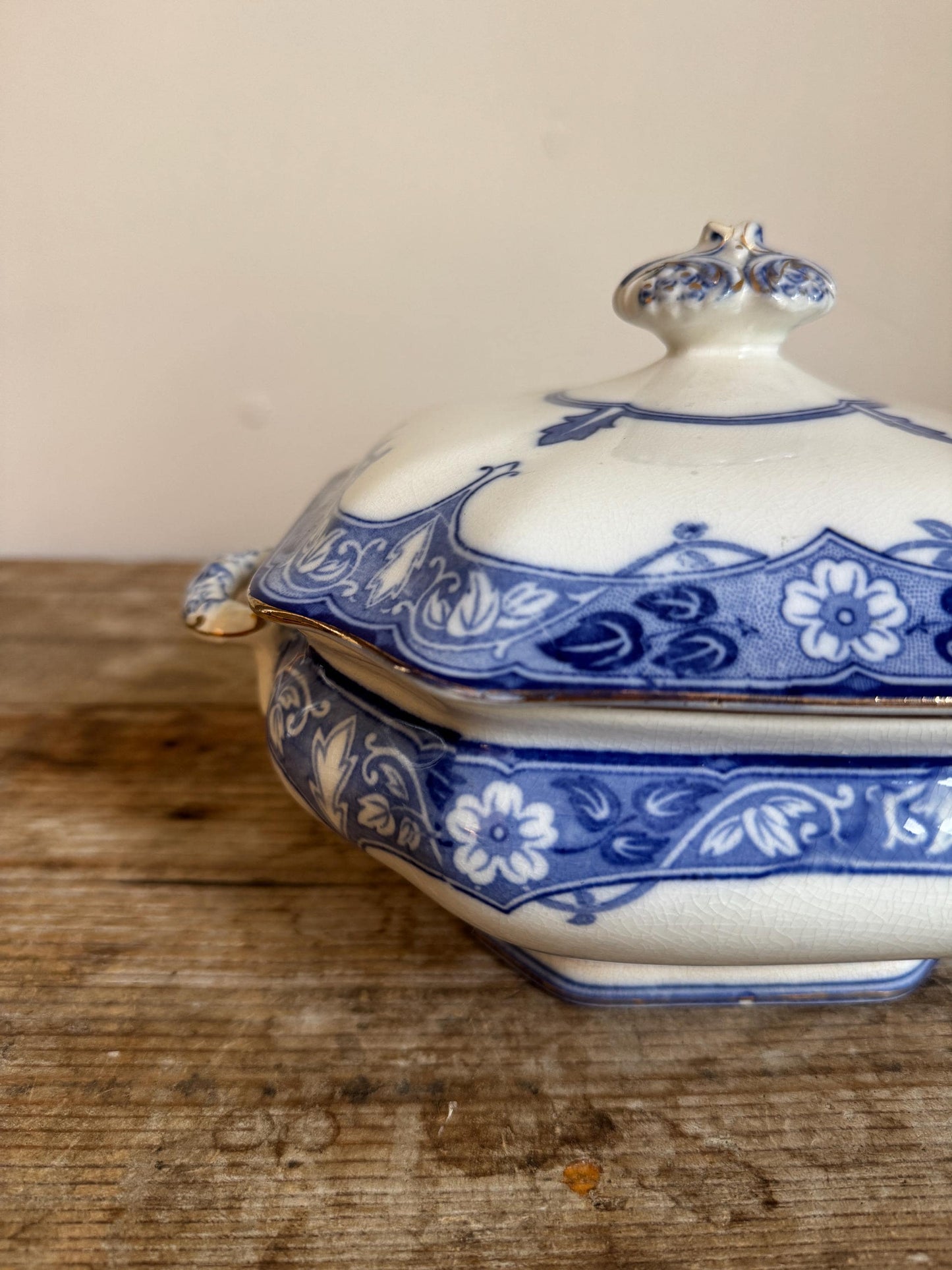 Antique Burgess & Leigh Haddon Burleighware Covered Flow Blue Ironstone Covered Vegetable Dish Tureen