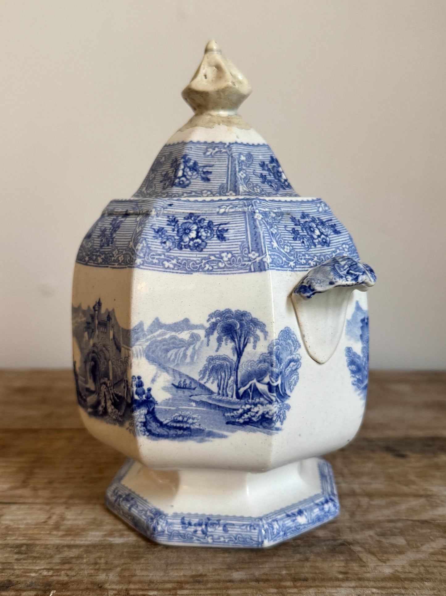 Antique Covered Blue White Ironstone Covered Vegetable Dish Tureen Sugar Bowl