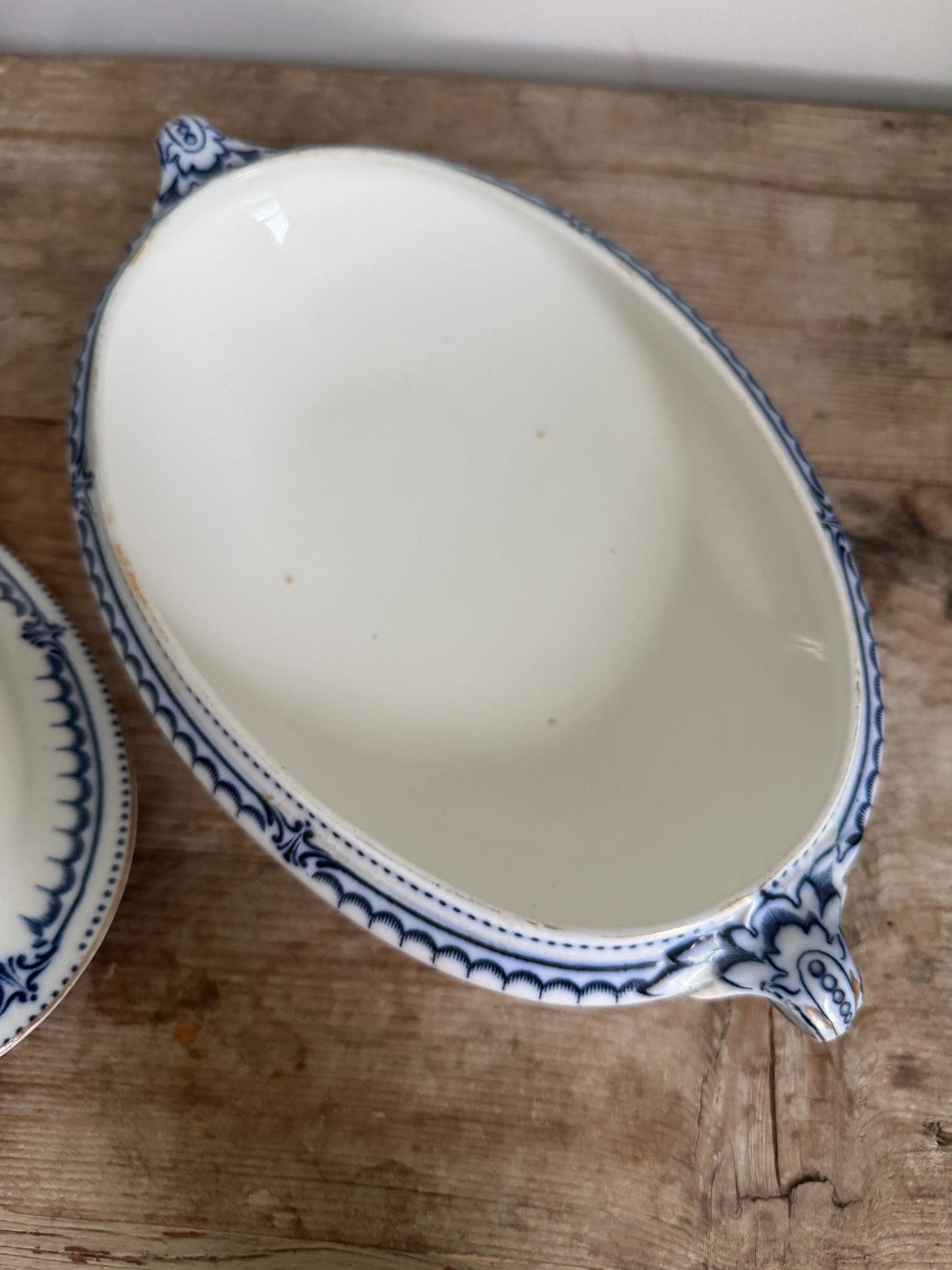 Antique Booths Simplex Blue and White Oval Covered Vegetable Dish Ironstone