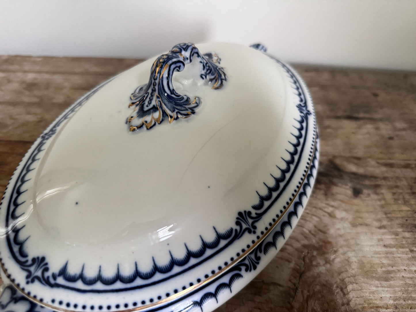 Antique Booths Simplex Blue and White Oval Covered Vegetable Dish Ironstone