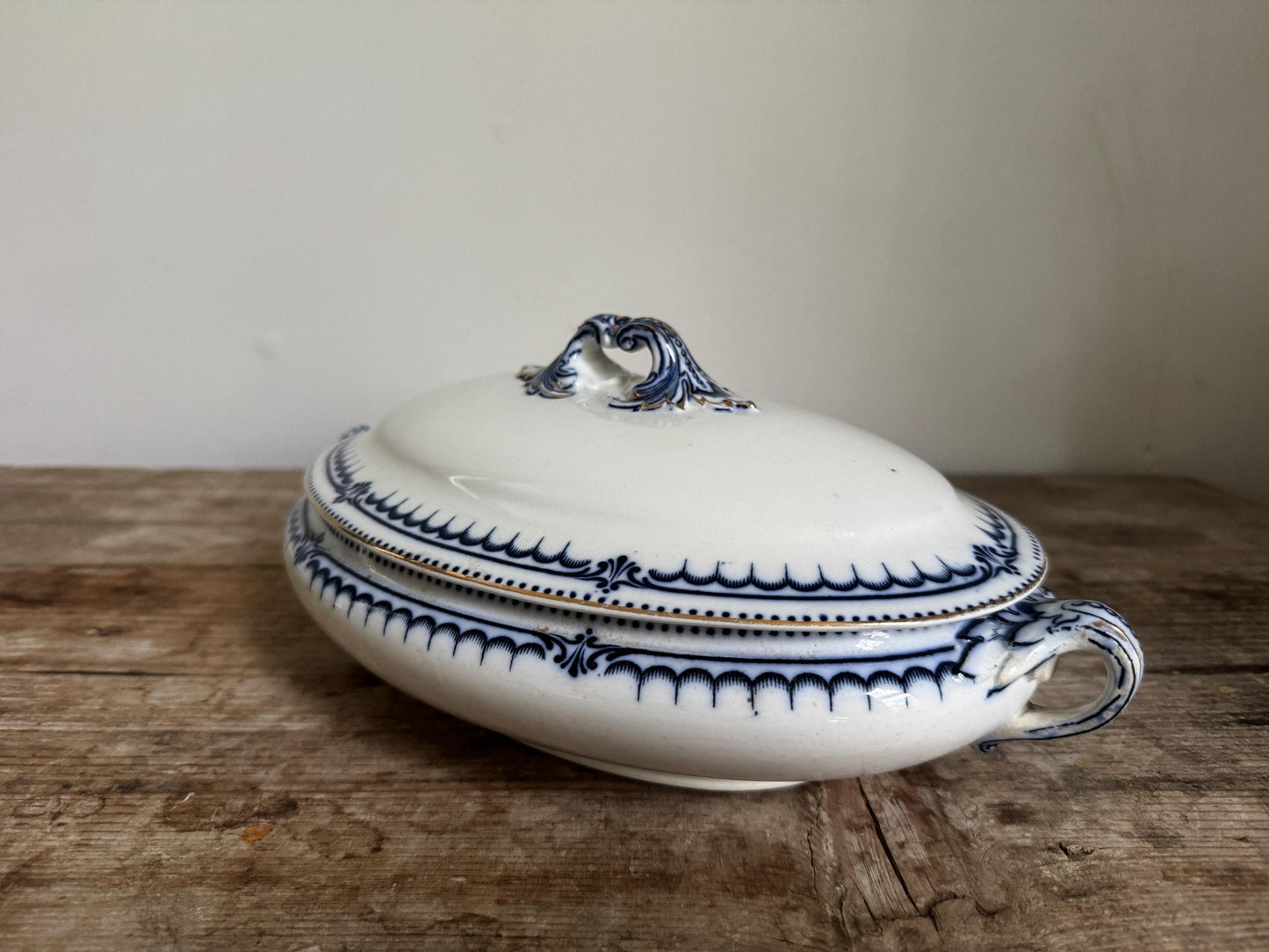 Antique Booths Simplex Blue and White Oval Covered Vegetable Dish Ironstone