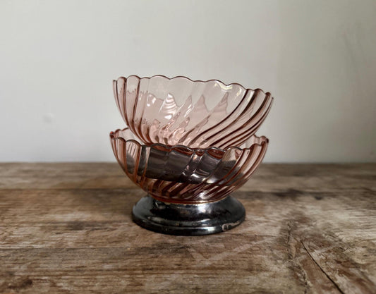Vintage Lot of 2 Arcoroc France Pink 5" Metal Base Bowls Whirlwind Swirl