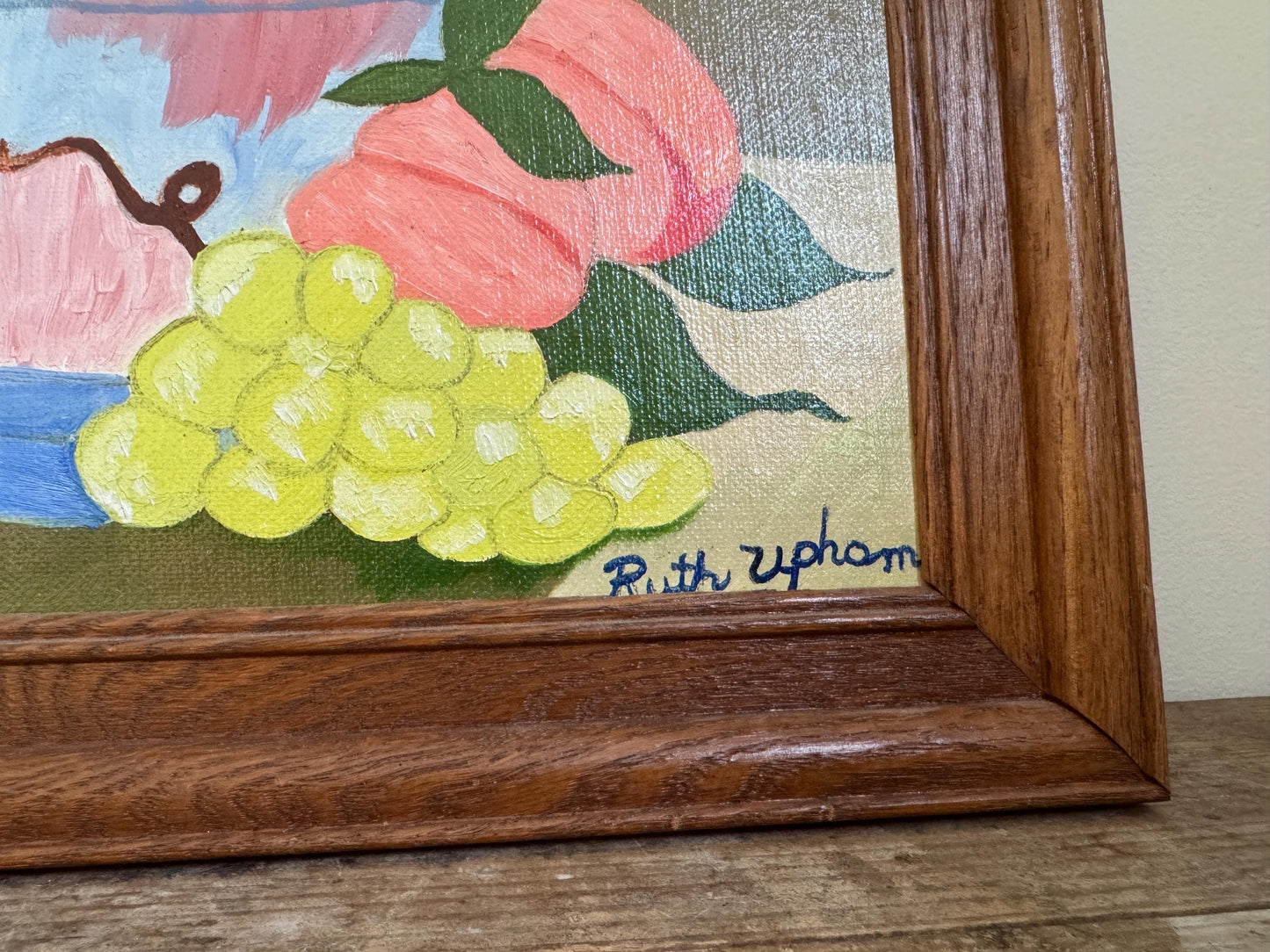 Framed Floral Vase Rose Fruit Hobby Painting Framed Vintage Naive Wall Art Ruth Upham