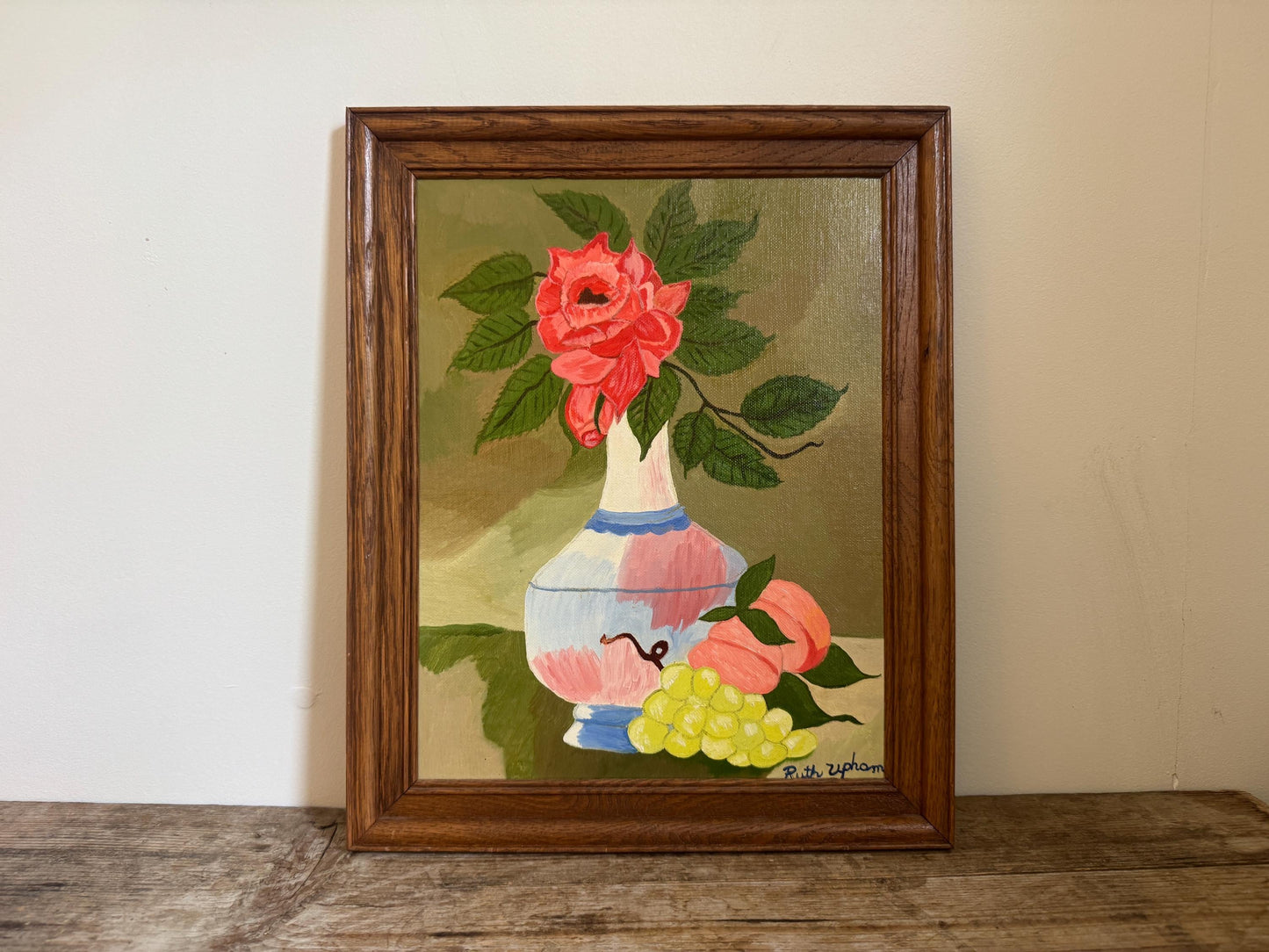 Framed Floral Vase Rose Fruit Hobby Painting Framed Vintage Naive Wall Art Ruth Upham
