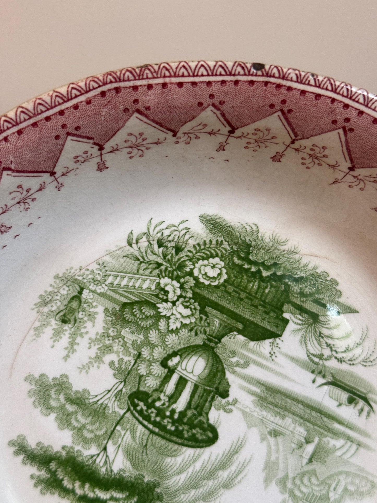 Antique T. Mayer Longport Canova Pink Green Transferware Bowl