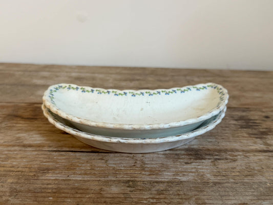 Antique Blue Green Crescent Transfer Ware Crazed White Small Serving Piece Ironstone Catchall Tray Bone Dish Manger