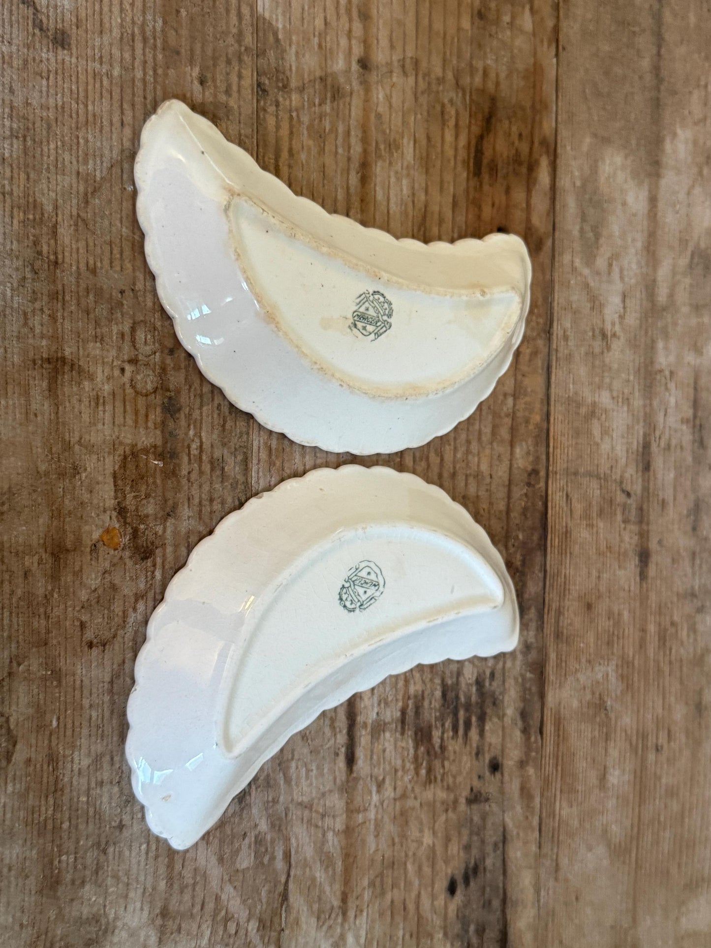 Antique Blue Green Crescent Transfer Ware Crazed White Small Serving Piece Ironstone Catchall Tray Bone Dish Manger