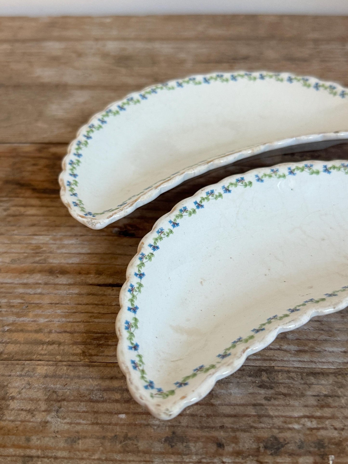 Antique Blue Green Crescent Transfer Ware Crazed White Small Serving Piece Ironstone Catchall Tray Bone Dish Manger
