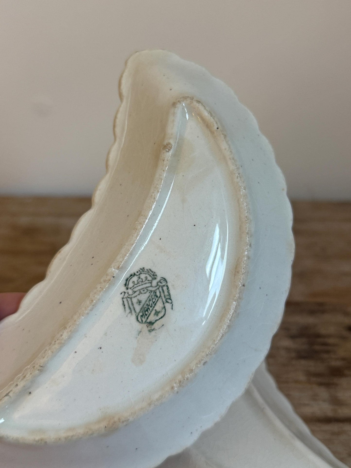 Antique Blue Green Crescent Transfer Ware Crazed White Small Serving Piece Ironstone Catchall Tray Bone Dish Manger