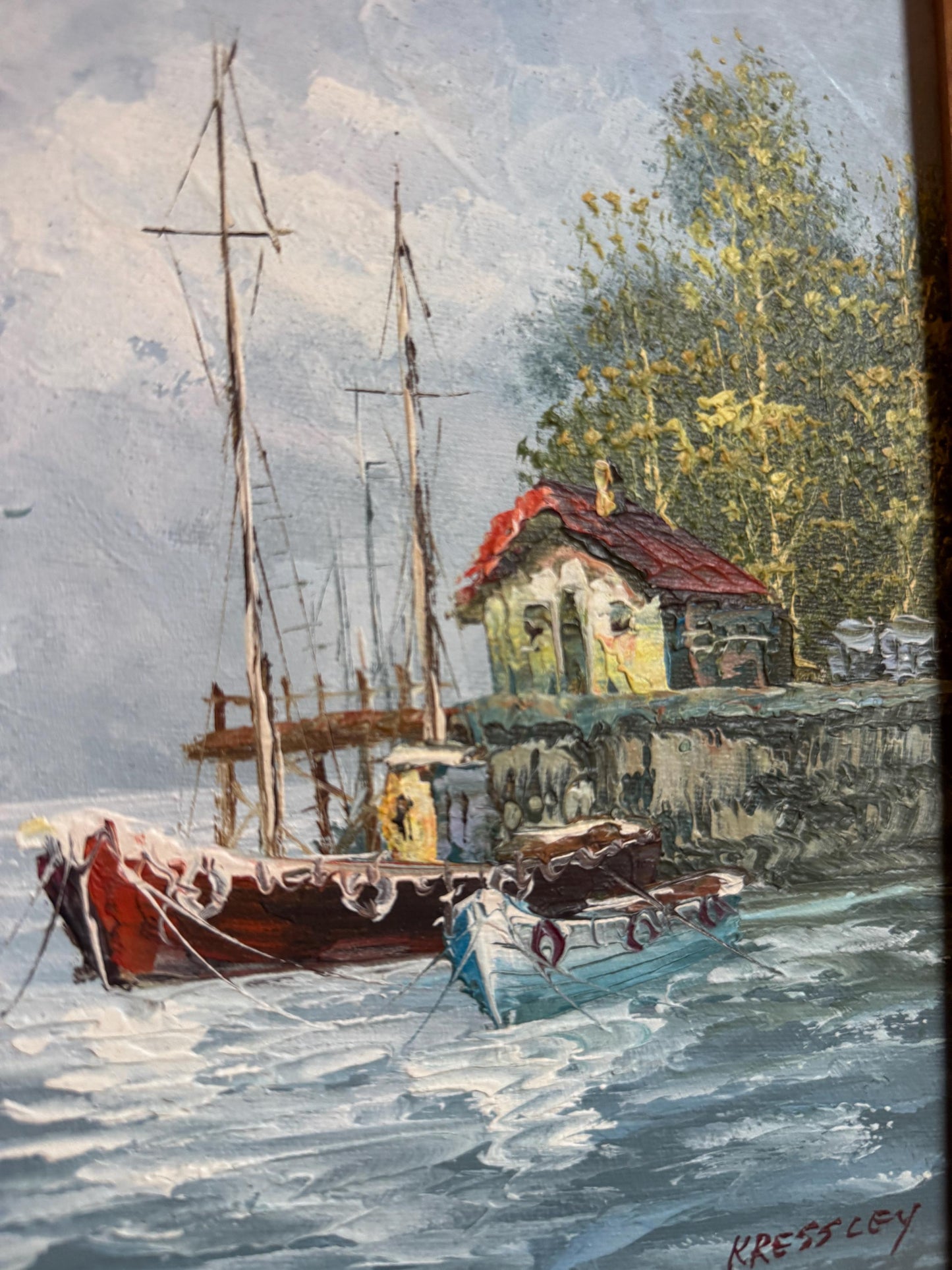 Framed Water Boats Coastal Ocean Painting Framed Vintage Wall Art in Frame