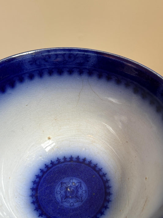 Antique Flow Blue Ironstone Waste Bowl James Edwards Royal Arms Mark 1840s Staffordshire England