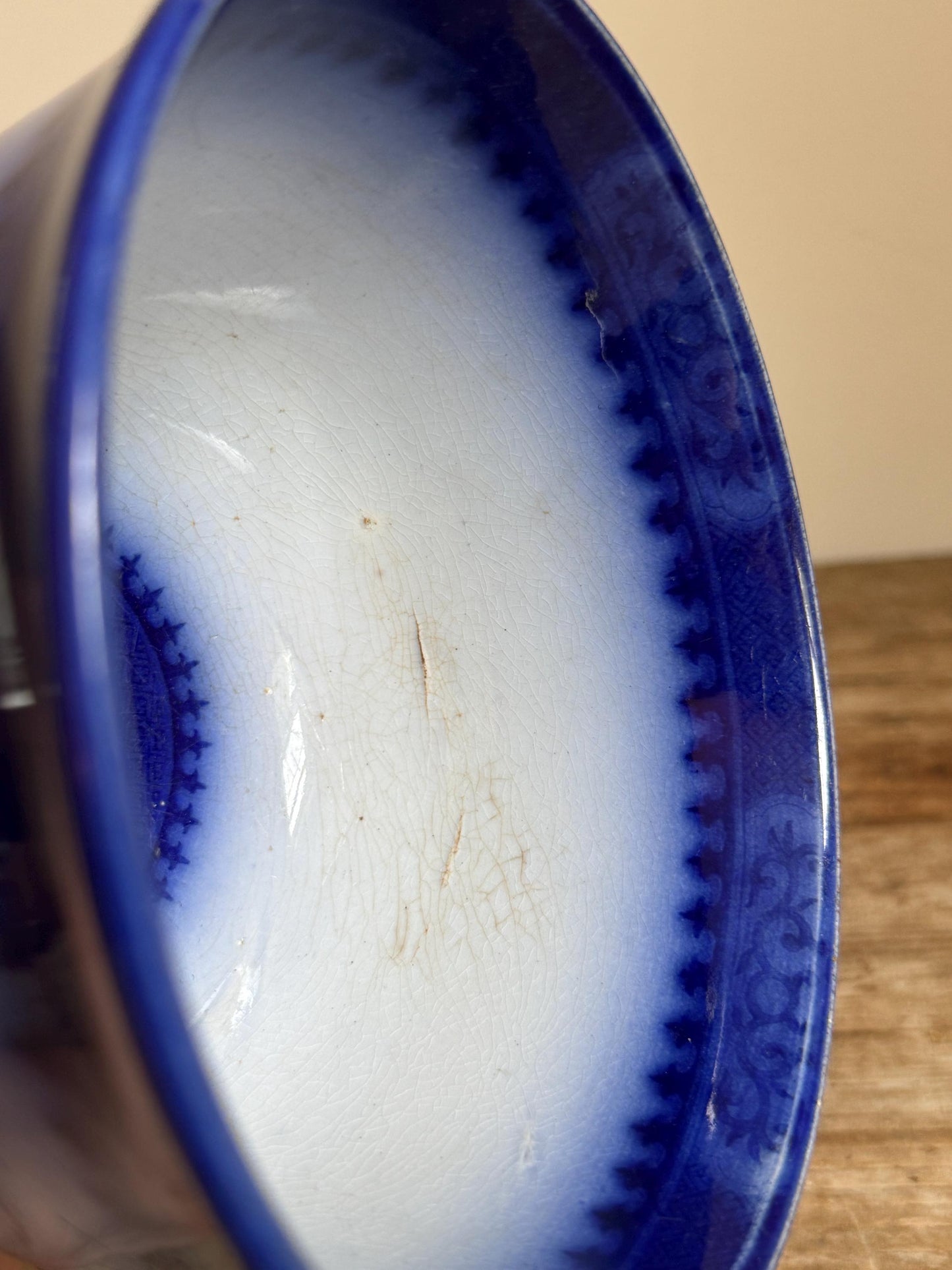 Antique Flow Blue Ironstone Waste Bowl James Edwards Royal Arms Mark 1840s Staffordshire England