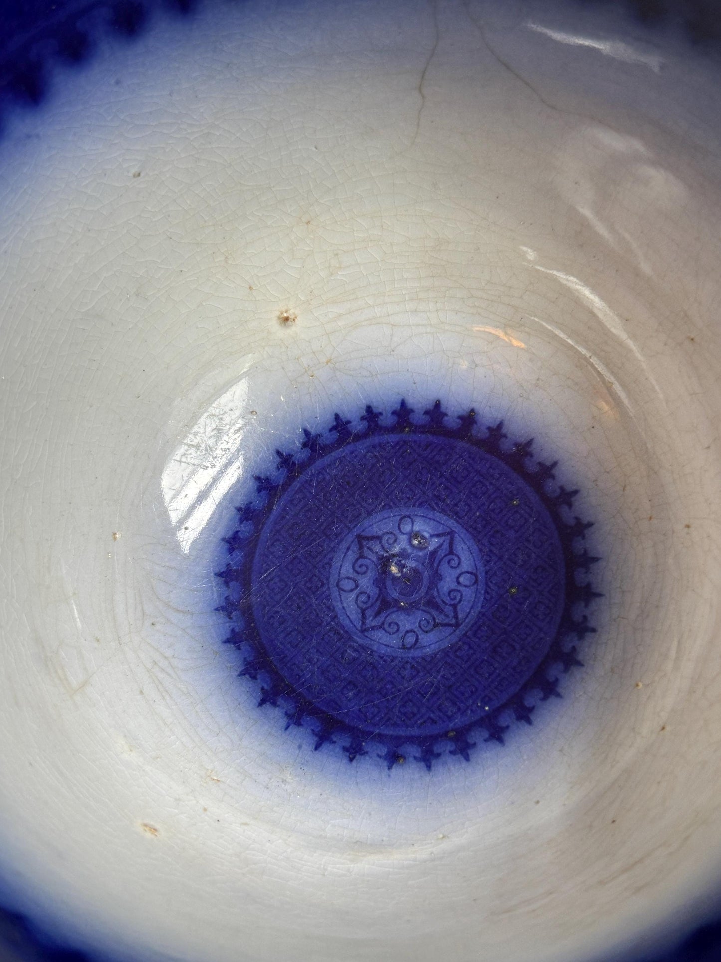 Antique Flow Blue Ironstone Waste Bowl James Edwards Royal Arms Mark 1840s Staffordshire England