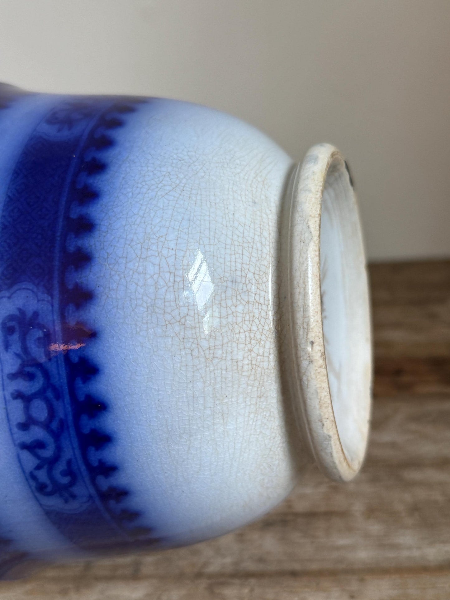 Antique Flow Blue Ironstone Waste Bowl James Edwards Royal Arms Mark 1840s Staffordshire England