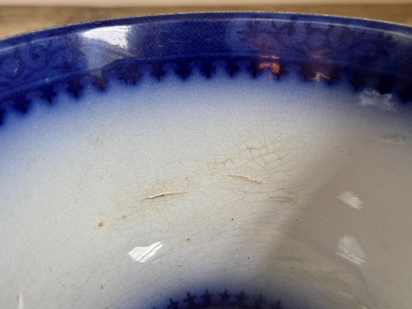 Antique Flow Blue Ironstone Waste Bowl James Edwards Royal Arms Mark 1840s Staffordshire England