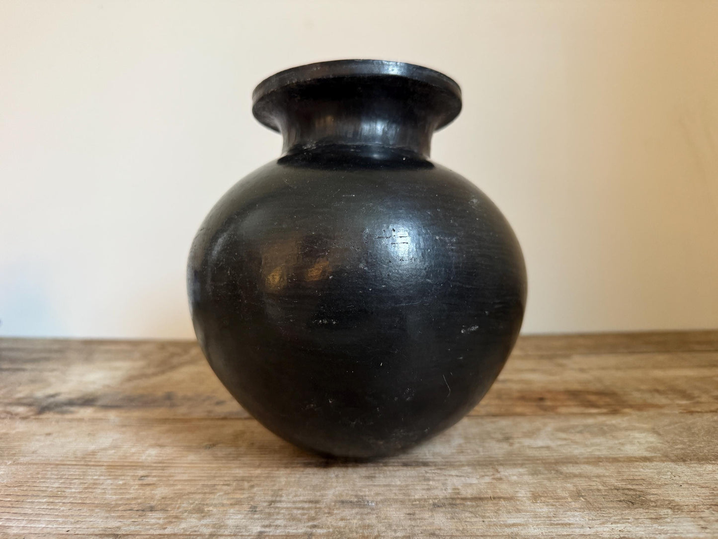 Vintage Mexican Black Clay Vase Pottery Vessel Barro Negro Style Globular Form Oaxaca 7.5 Inch