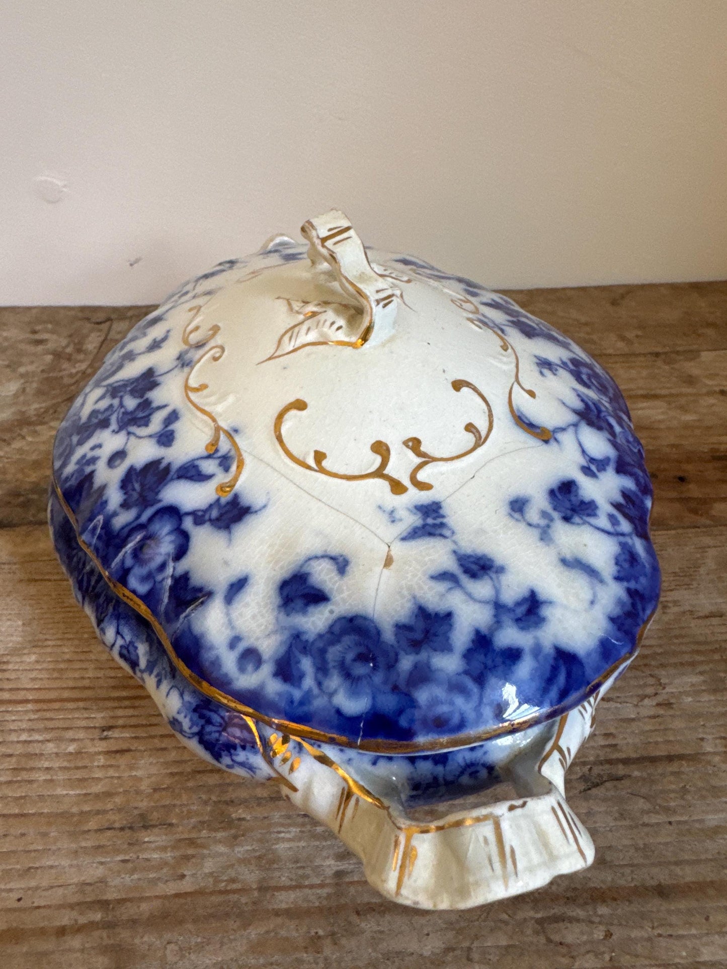 Antique Burgess & Leigh Vermont Covered Flow Blue Ironstone Covered Vegetable Dish Tureen
