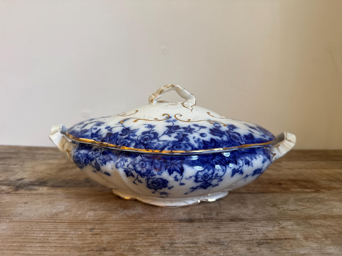 Antique Burgess & Leigh Vermont Covered Flow Blue Ironstone Covered Vegetable Dish Tureen