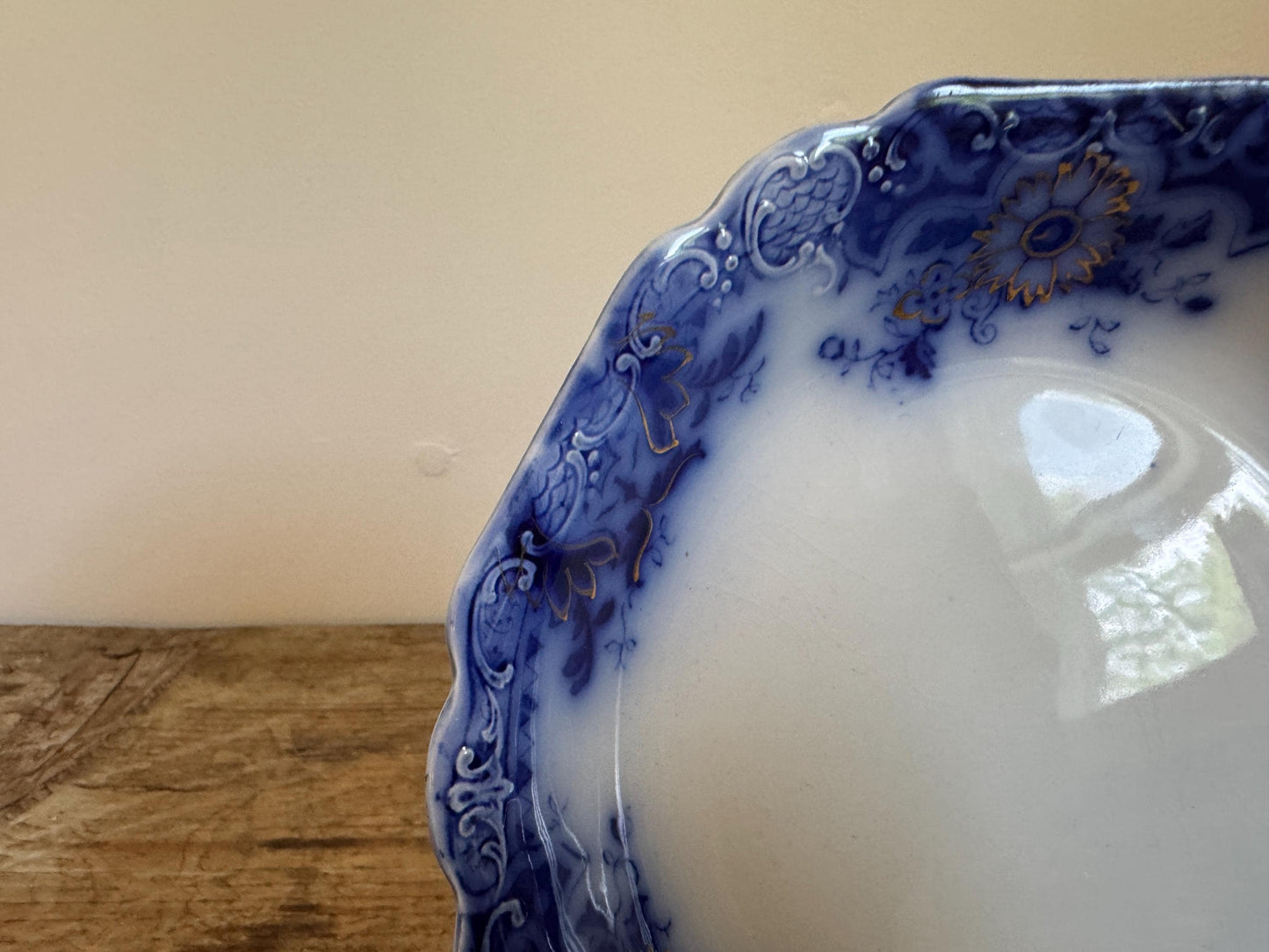 Antique Johnson Brothers Brooklyn Flow Blue Shallow Bowl Serving Piece Distressed Bowl China Ironstone