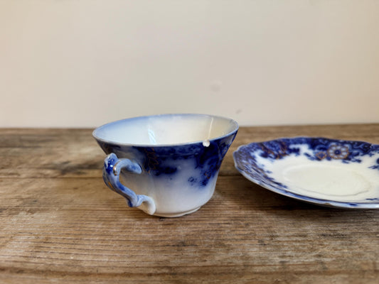 Antique Johnson Brothers Brooklyn Flow Blue Cup Saucer Custard Footed Cup White Teacup