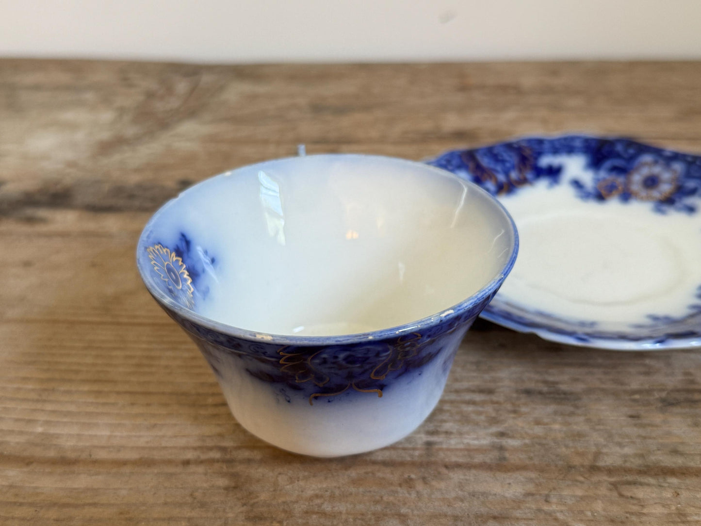 Antique Johnson Brothers Brooklyn Flow Blue Cup Saucer Custard Footed Cup White Teacup