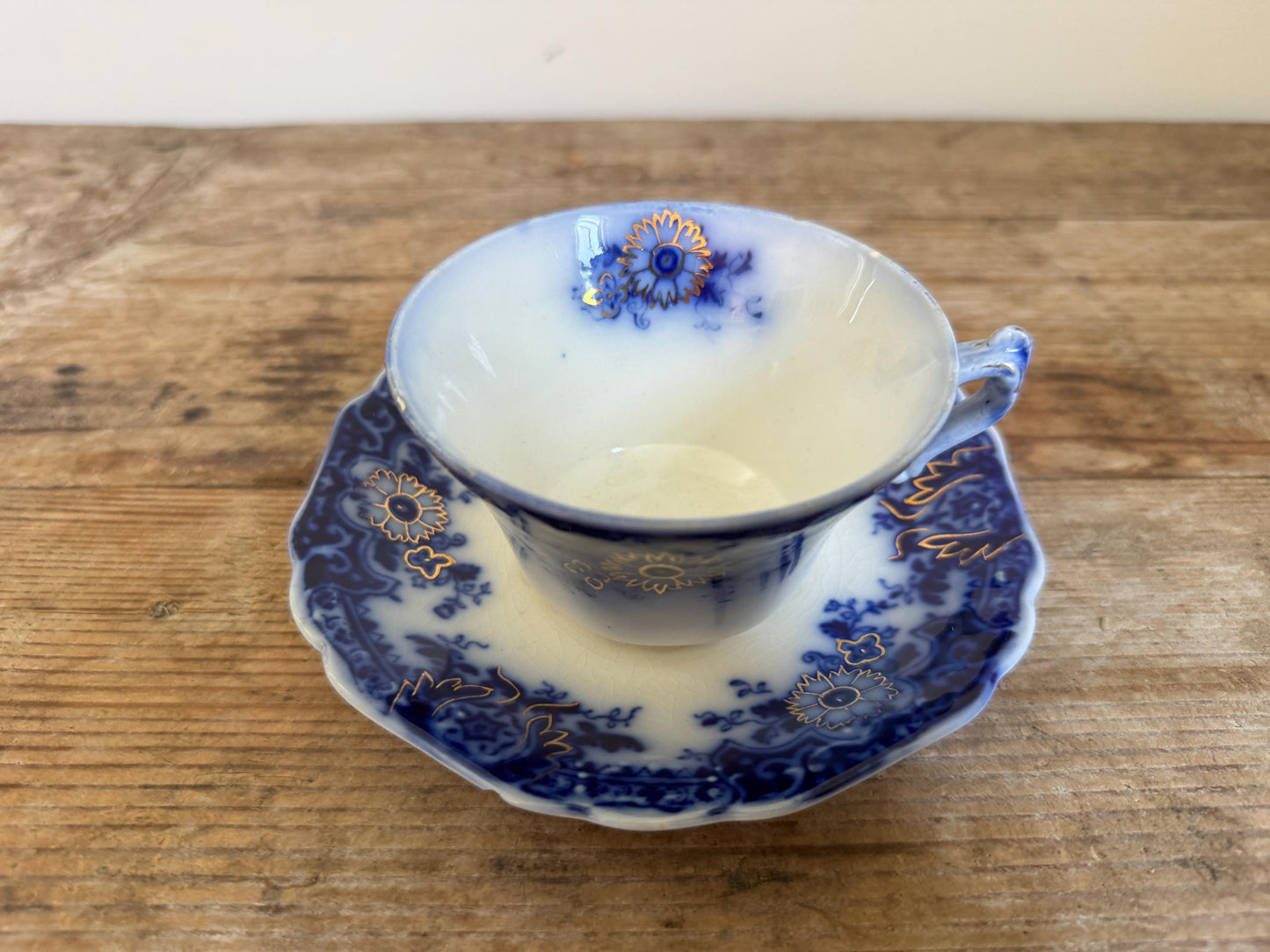Antique Johnson Brothers Brooklyn Flow Blue Cup Saucer Custard Footed Cup White Teacup