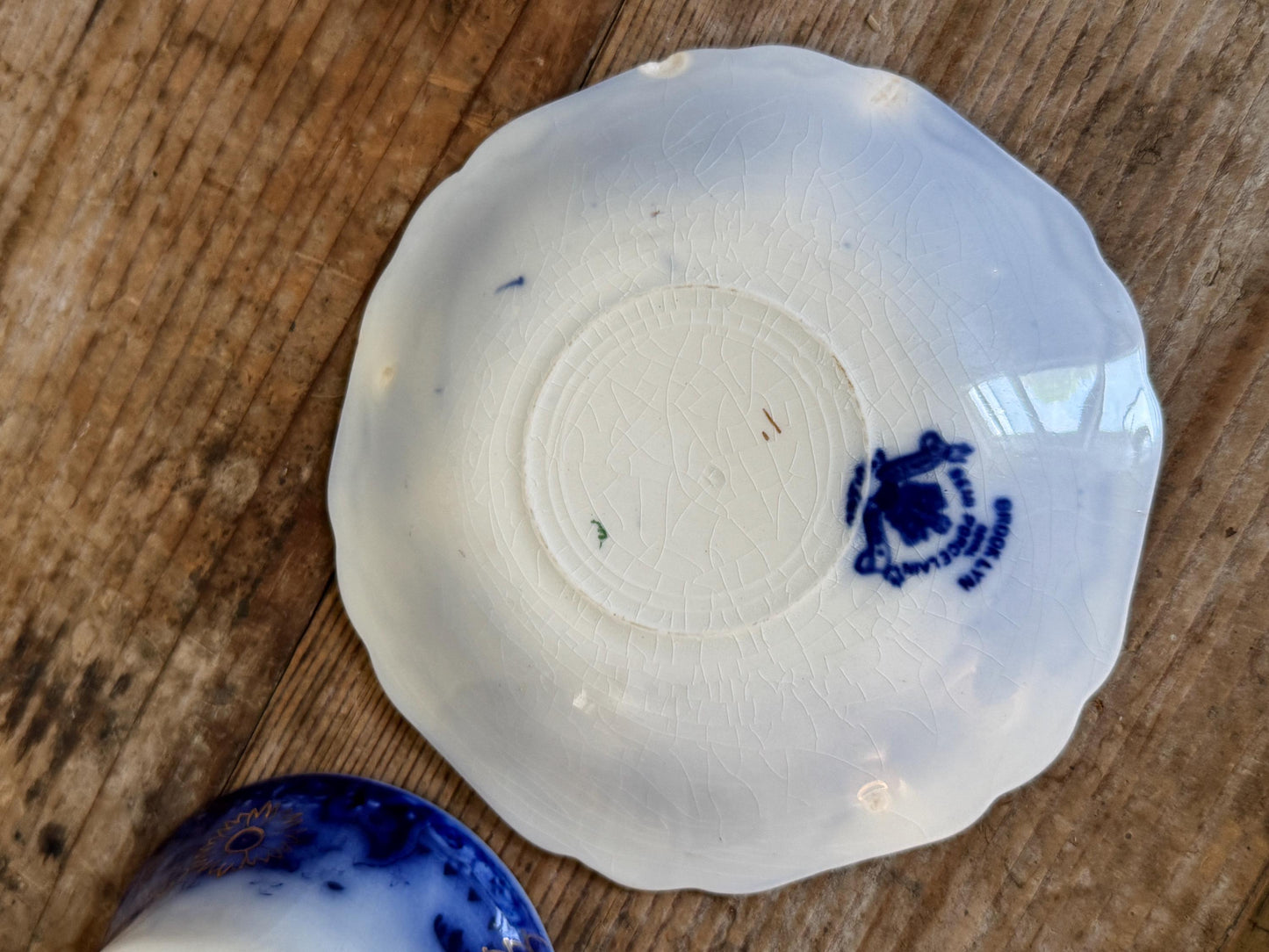 Antique Johnson Brothers Brooklyn Flow Blue Cup Saucer Custard Footed Cup White Teacup