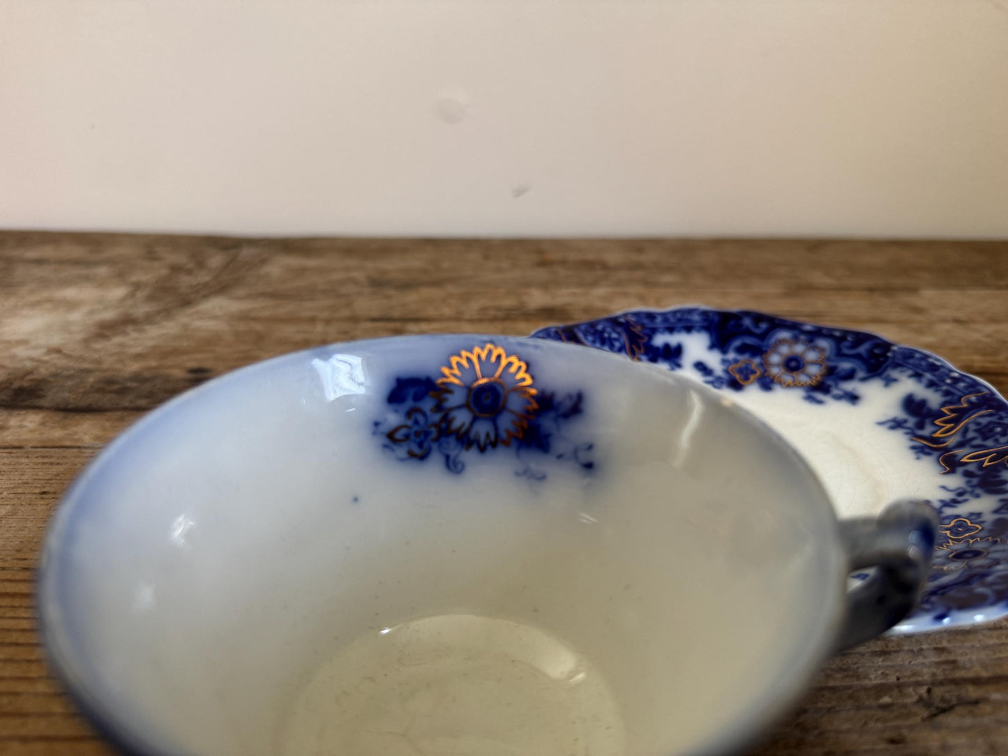Antique Johnson Brothers Brooklyn Flow Blue Cup Saucer Custard Footed Cup White Teacup