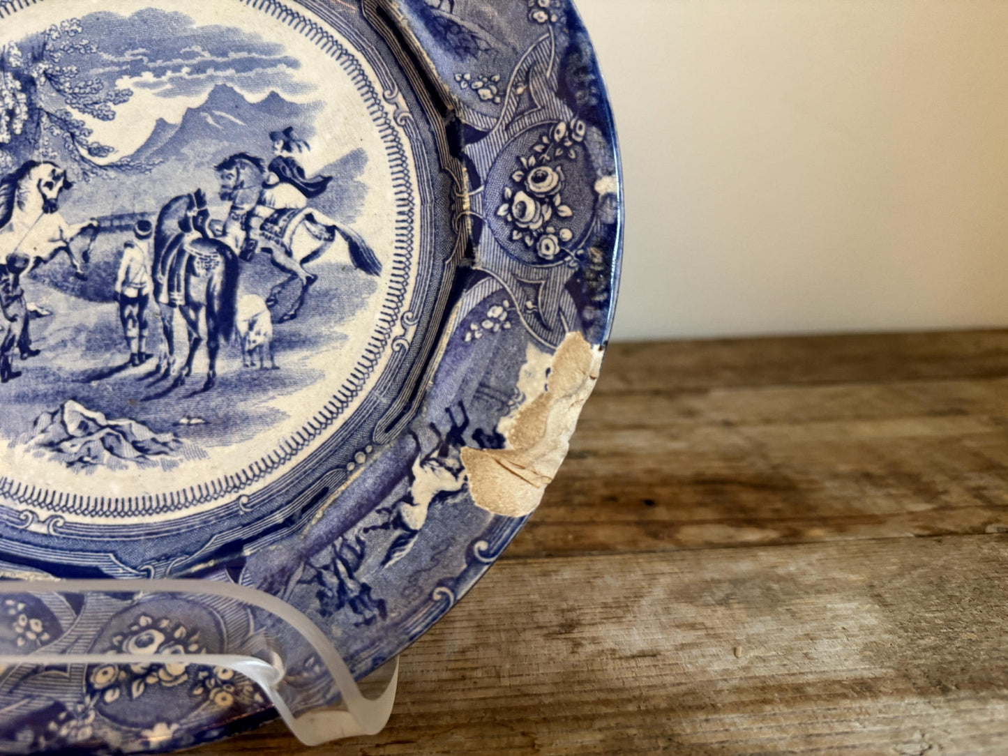Antique Shaws Peruvian Horse Hunt Ironstone Blue Plate Decor Plate Transferware 1830s 1840s 1850s