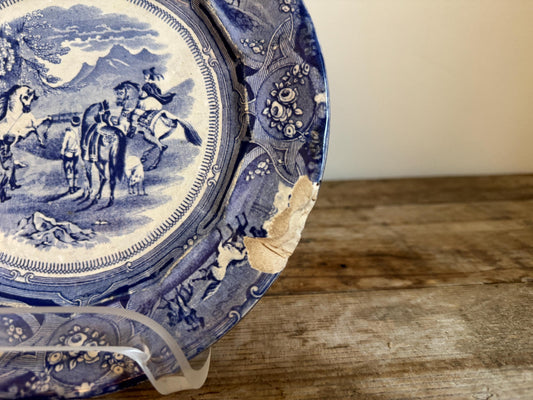 Antique Shaws Peruvian Horse Hunt Ironstone Blue Plate Decor Plate Transferware 1830s 1840s 1850s