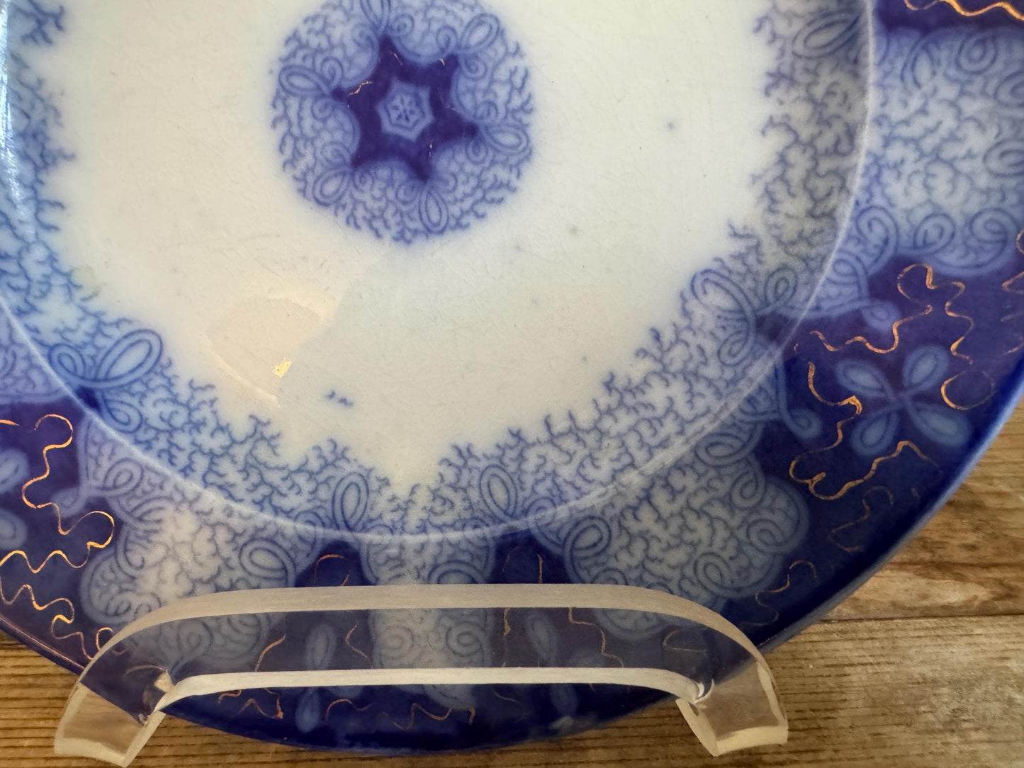 Antique Flow Blue Gold Ironstone Blue Plate 9" Decor Plate Transferware