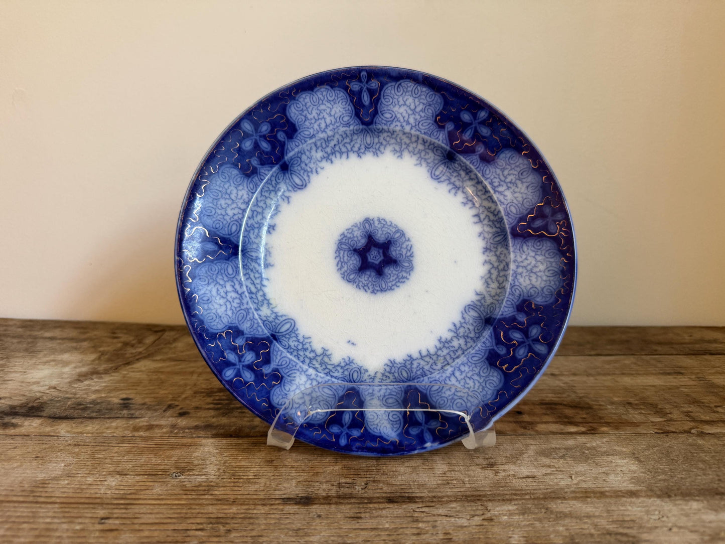 Antique Flow Blue Gold Ironstone Blue Plate 9" Decor Plate Transferware
