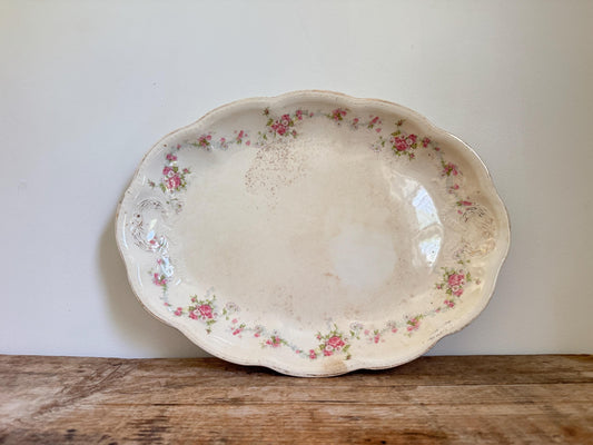 Antique Edwin M Knowles Floral China Transferware Platter Distressed Crazed Plate Scallop Oval Dish
