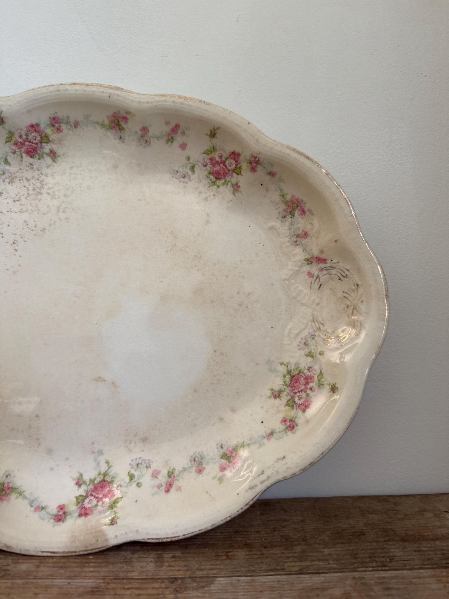 Antique Edwin M Knowles Floral China Transferware Platter Distressed Crazed Plate Scallop Oval Dish
