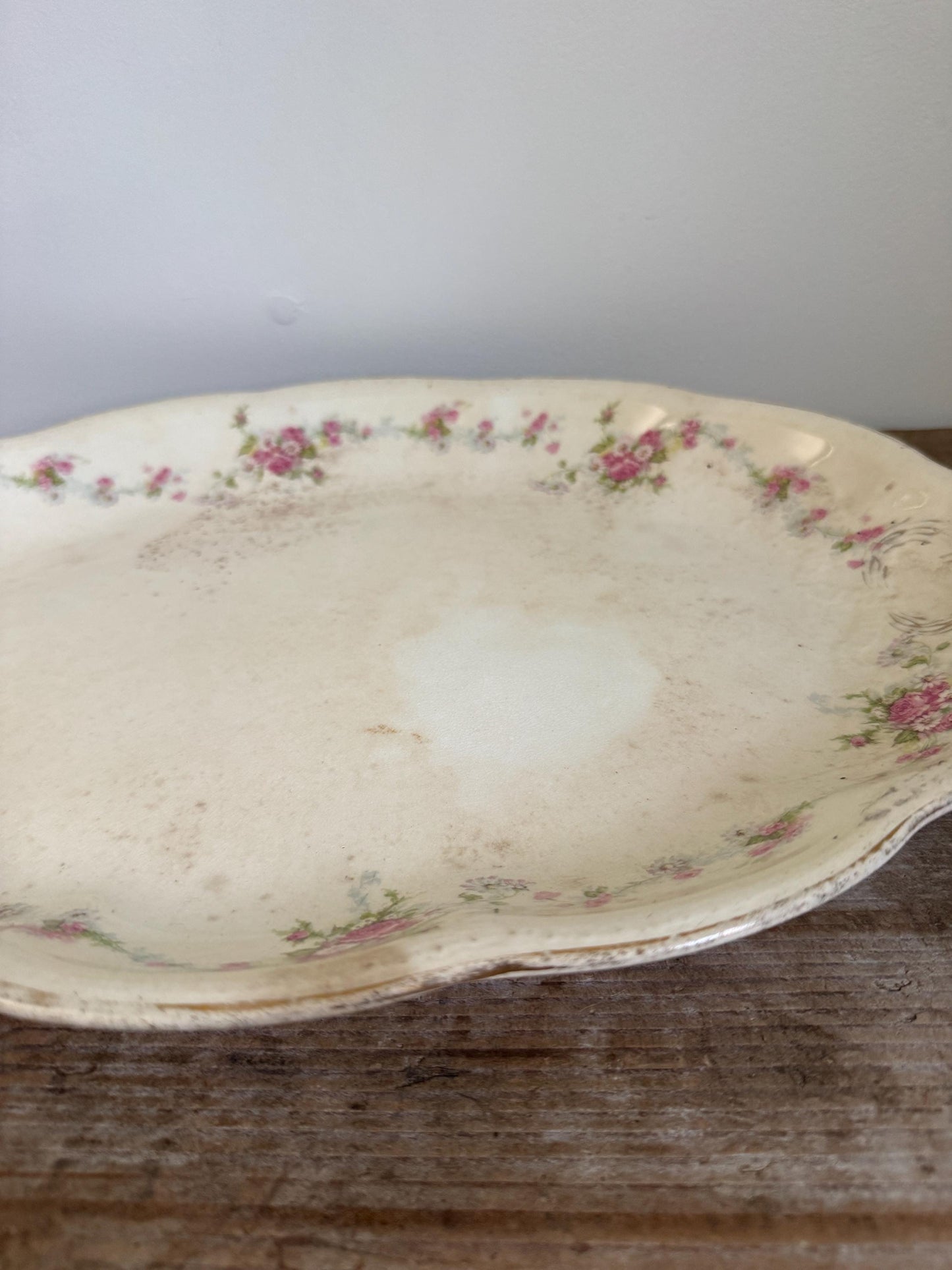 Antique Edwin M Knowles Floral China Transferware Platter Distressed Crazed Plate Scallop Oval Dish