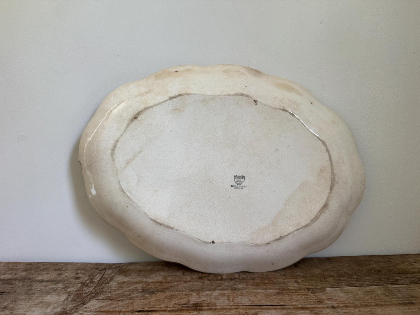 Antique Edwin M Knowles Floral China Transferware Platter Distressed Crazed Plate Scallop Oval Dish