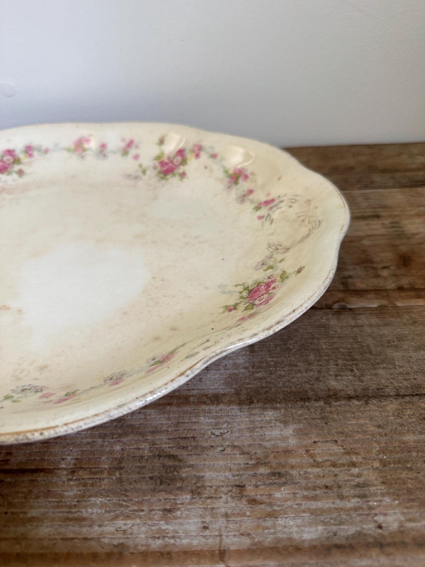 Antique Edwin M Knowles Floral China Transferware Platter Distressed Crazed Plate Scallop Oval Dish