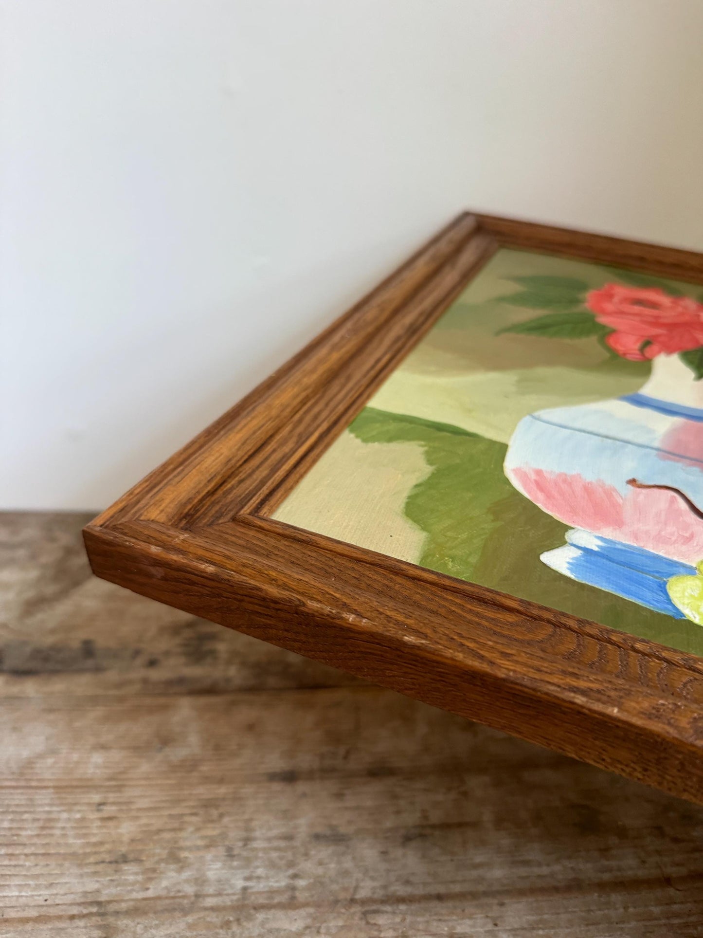 Framed Floral Vase Rose Fruit Hobby Painting Framed Vintage Naive Wall Art Ruth Upham