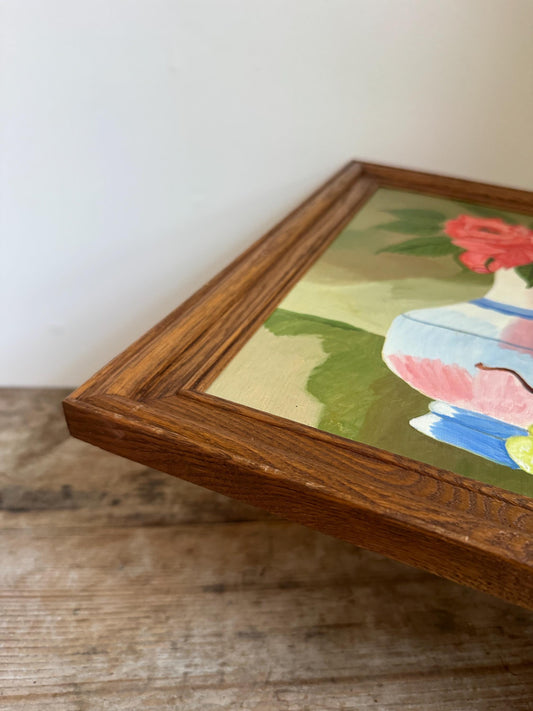 Framed Floral Vase Rose Fruit Hobby Painting Framed Vintage Naive Wall Art Ruth Upham