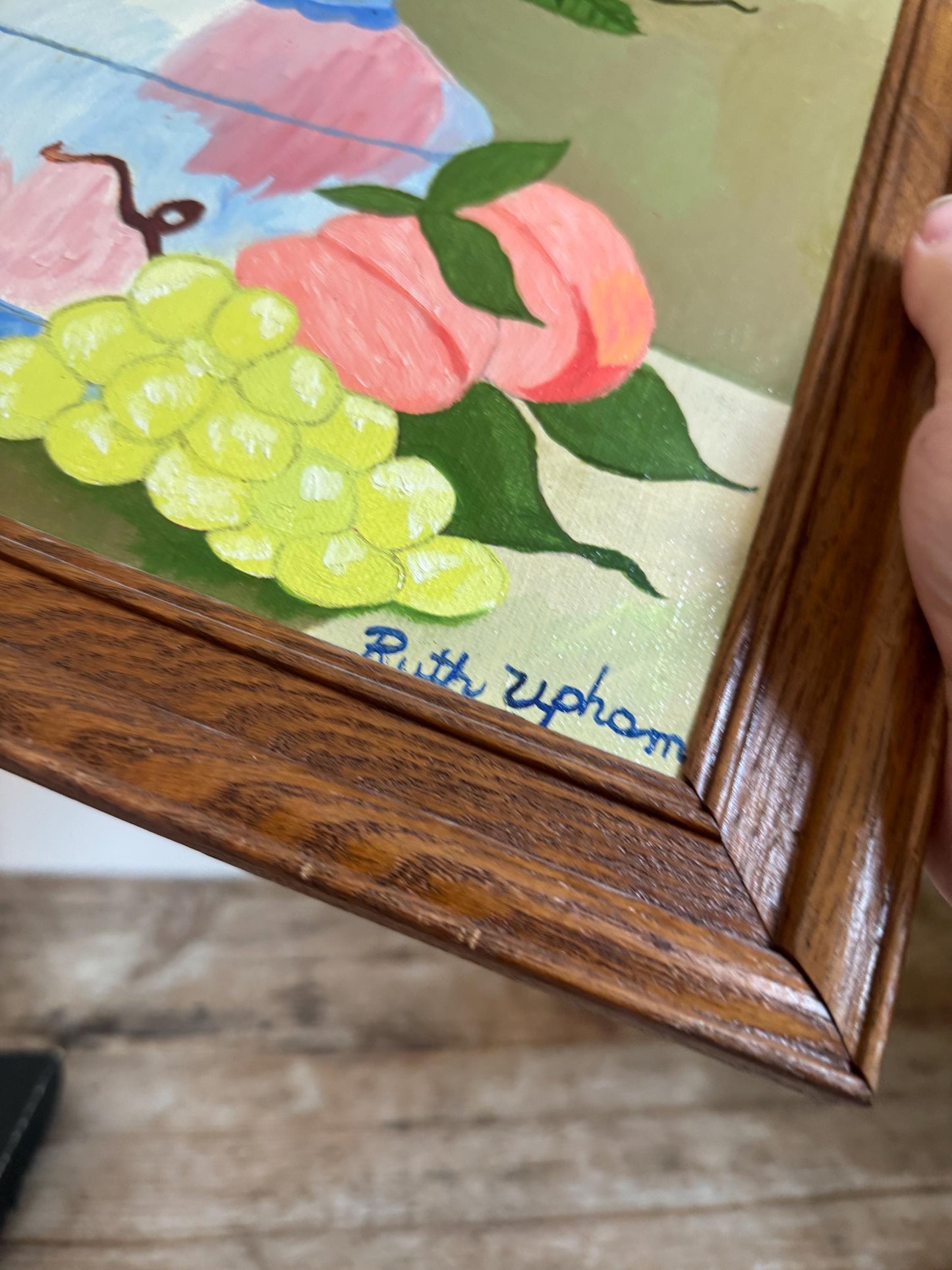 Framed Floral Vase Rose Fruit Hobby Painting Framed Vintage Naive Wall Art Ruth Upham