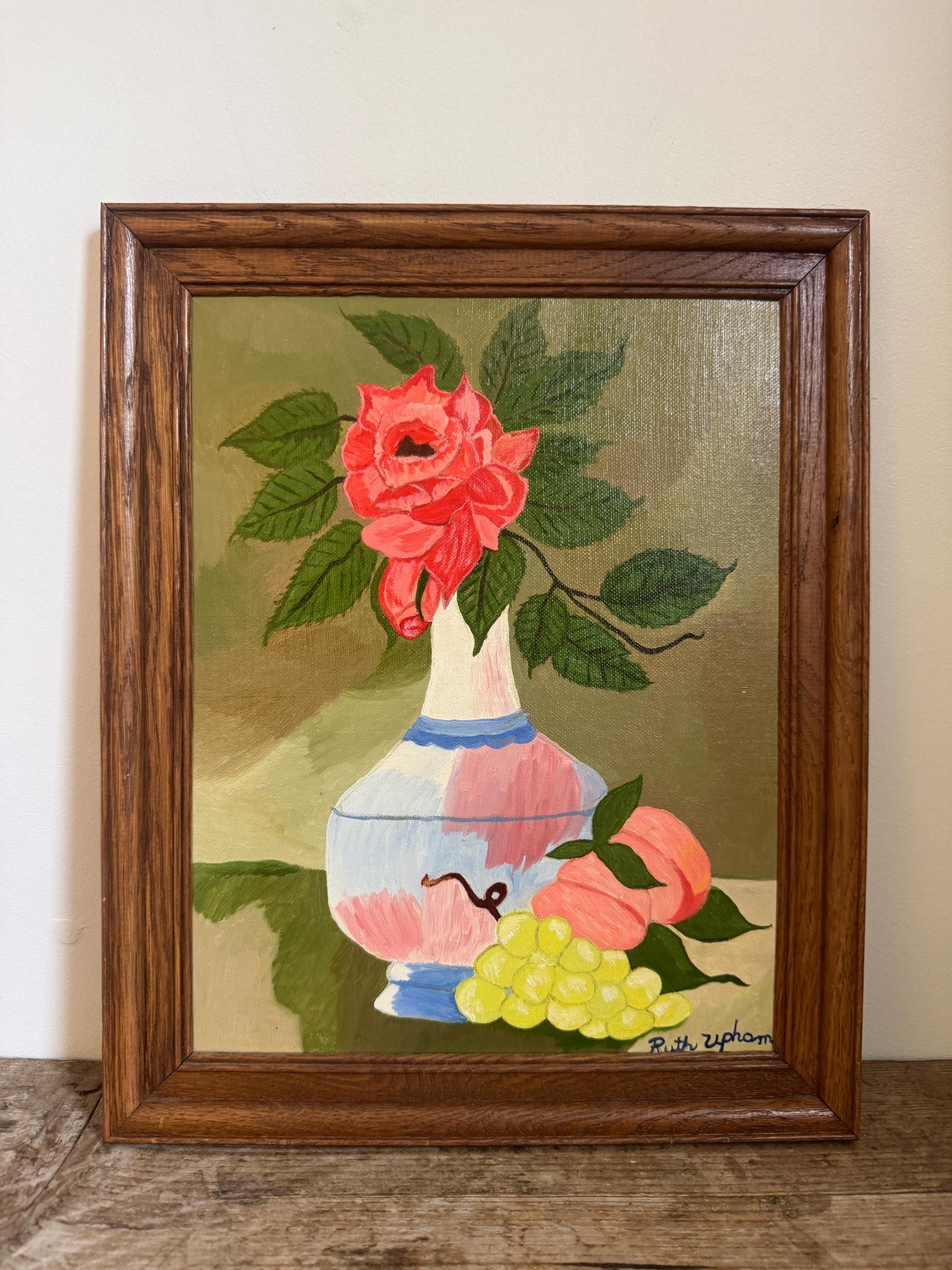 Framed Floral Vase Rose Fruit Hobby Painting Framed Vintage Naive Wall Art Ruth Upham
