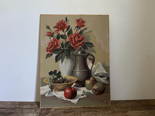 Antique Floral Paint by Number Vase Rose Apple Hobby Painting Vintage Wall Art