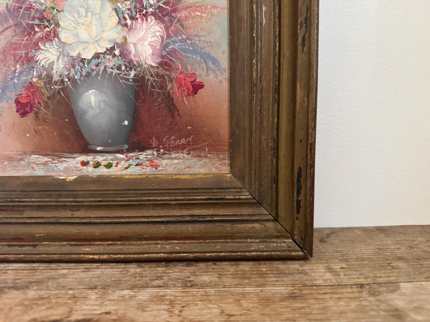 Antique Vintage D. Perry Framed Floral Vase Rose Fruit Framed Oil on Board Vintage Art