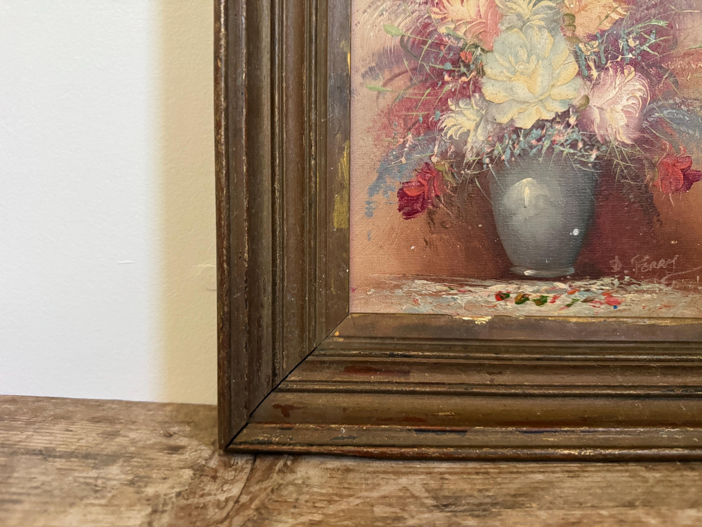 Antique Vintage D. Perry Framed Floral Vase Rose Fruit Framed Oil on Board Vintage Art