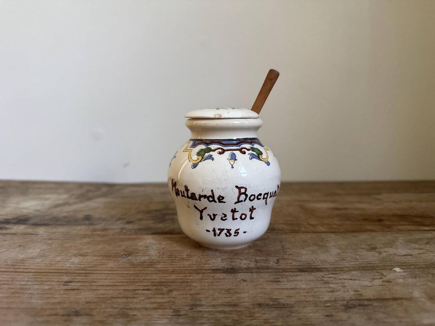 Small Antique Moutarde Bocquet Yvetot 1735 Mustard Pot Jar with Lid