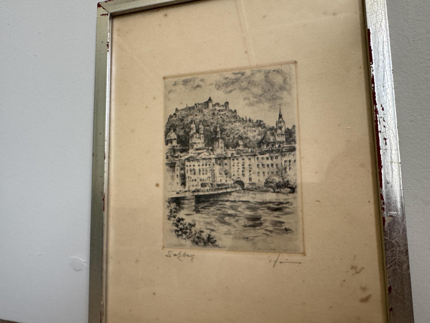 Vintage Pencil Signed Etching Silver Framed Print Salzburg Austria
