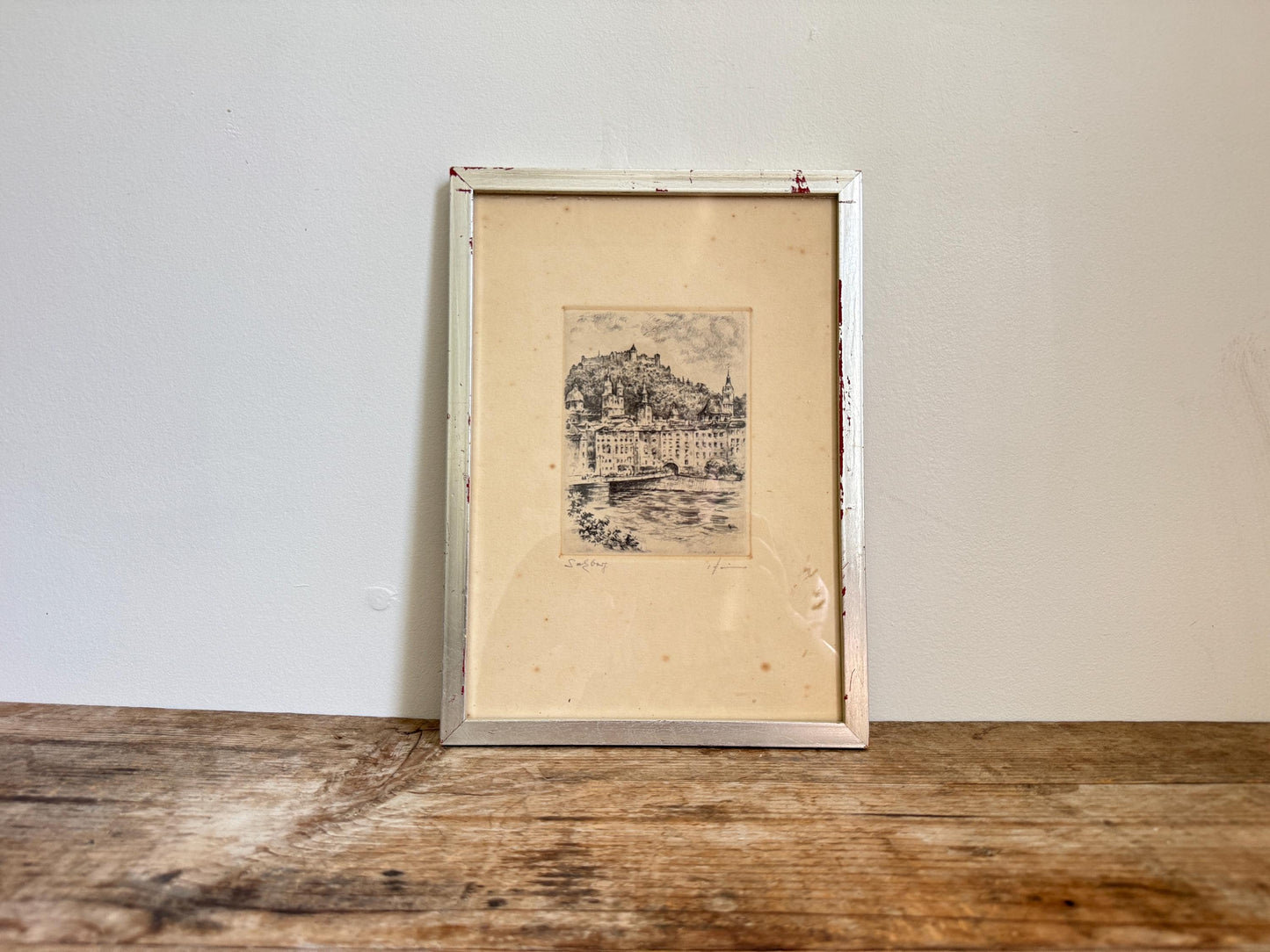 Vintage Pencil Signed Etching Silver Framed Print Salzburg Austria