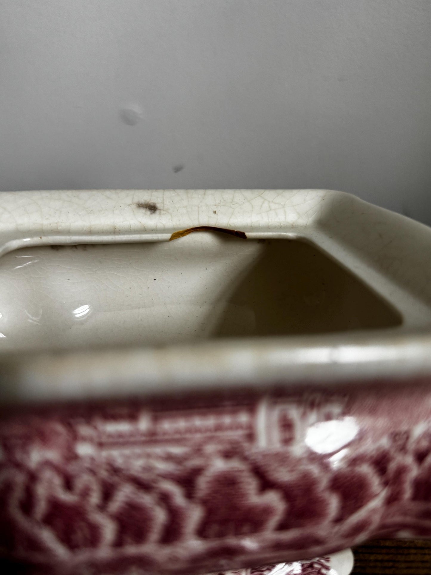 Antique Red Transferware Covered Sugar Bowl Double Handle Ironstone Gravy Spoon Slot